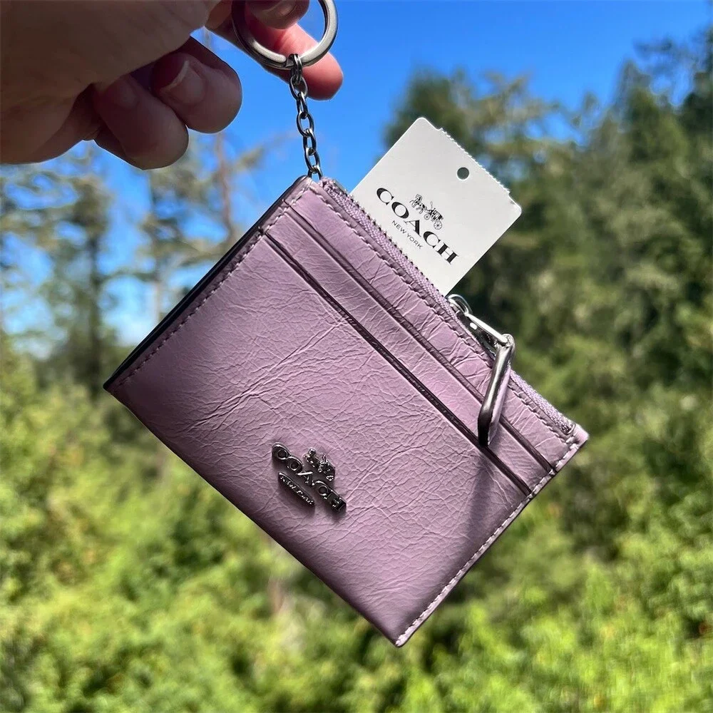 COACH Mini Skinny ID Case Cardholder Keychain Wallet Purple with Silver NWT